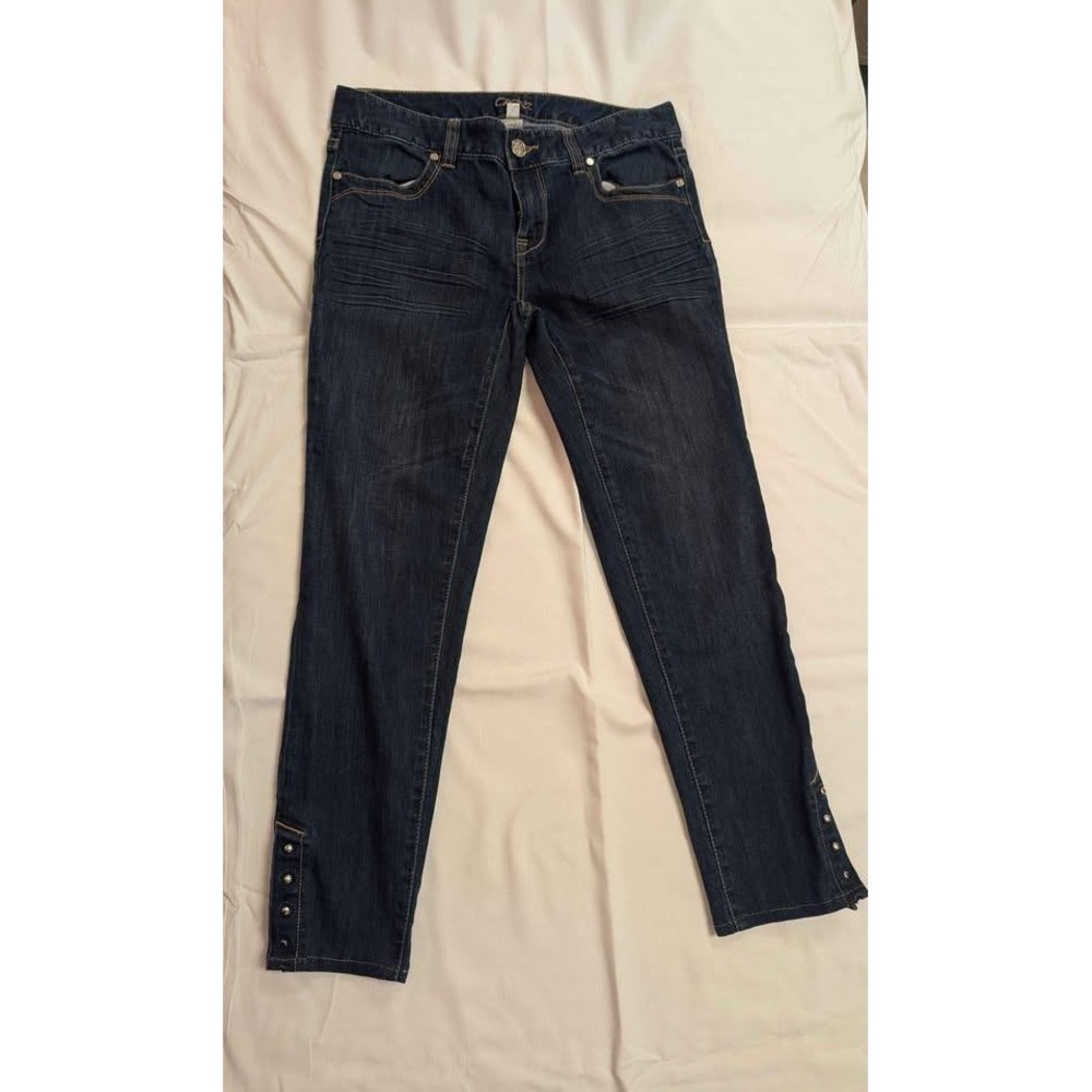 Cache Embellished Hem‎ Cropped Jeans Womens Size 2 Dark Wash Stretch Denim